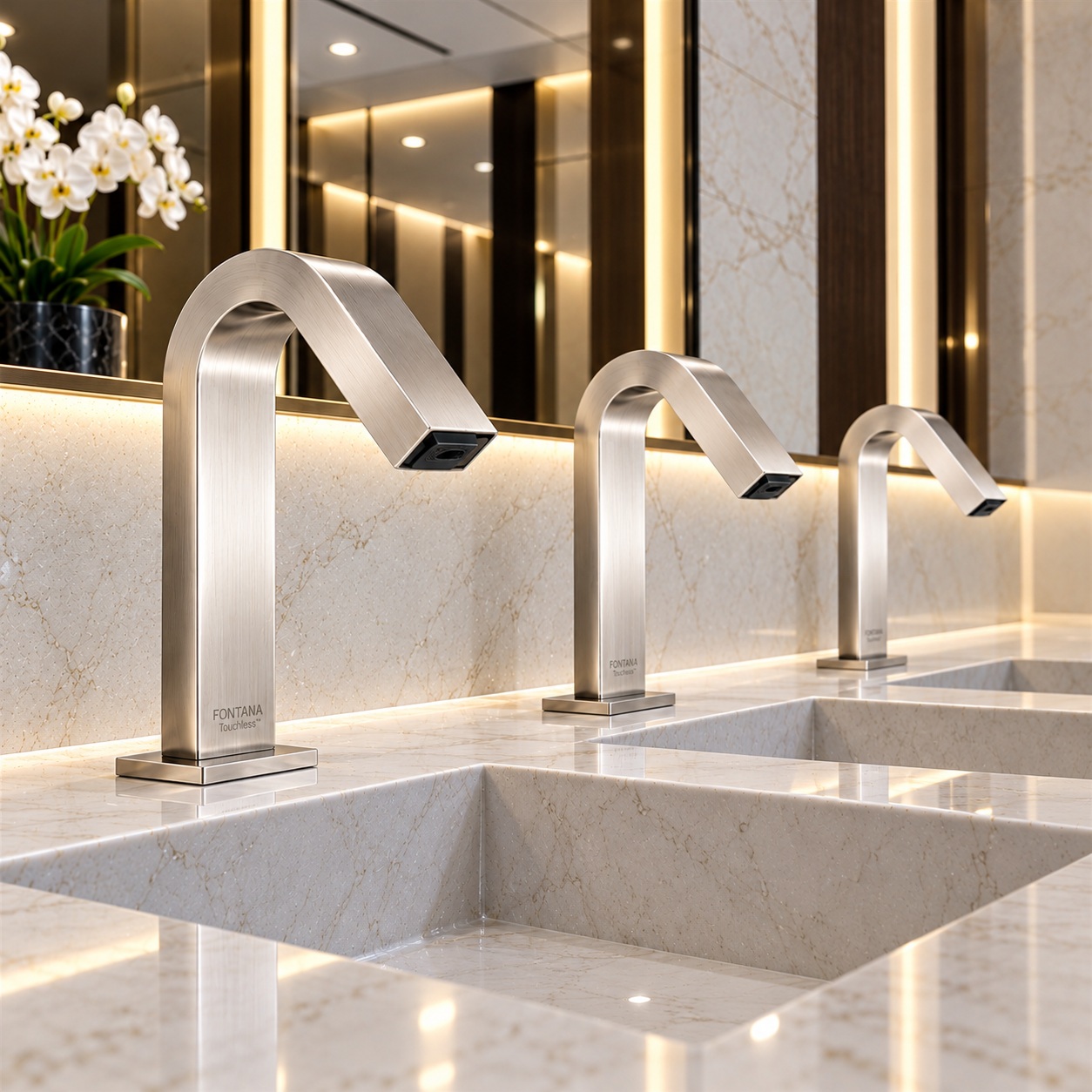 Fontana touchless sensor faucets installed in a modern commercial restroom