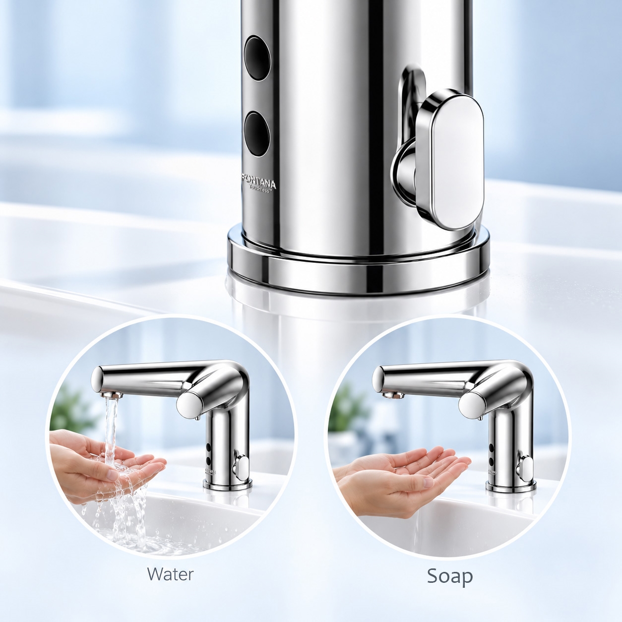 Dual-sensor touchless water and soap faucet demonstrating sensor-controlled dispensing
