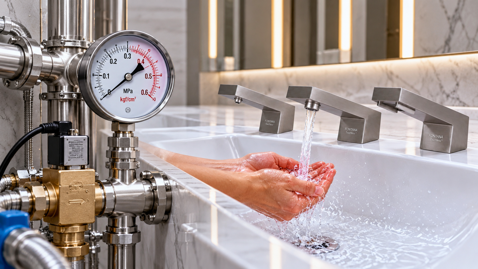 Fontana touchless bathroom faucets with a water pressure gauge, stainless steel plumbing components, and automatic sensor-controlled water flow