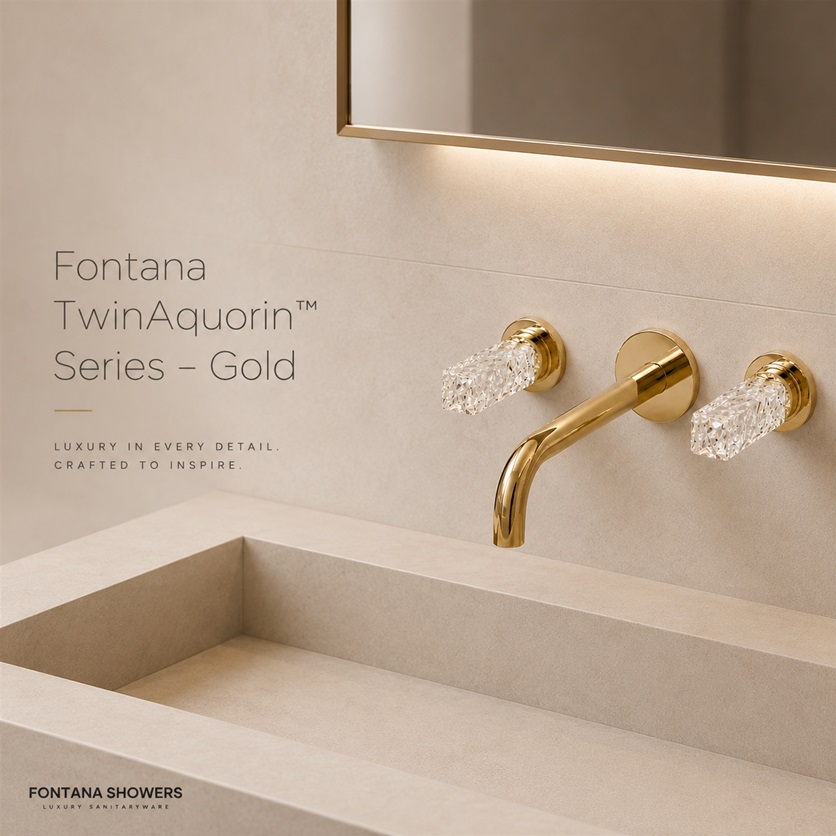 Fontana TwinAquorin Gold Wall Mounted Two Handle Bathroom Faucet with White Crystal Handles