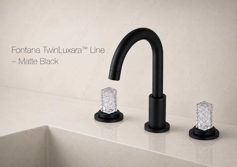 Fontana TwinLuxara Matte Black Luxury Two Handle Bathroom Faucet with White Crystal Handles