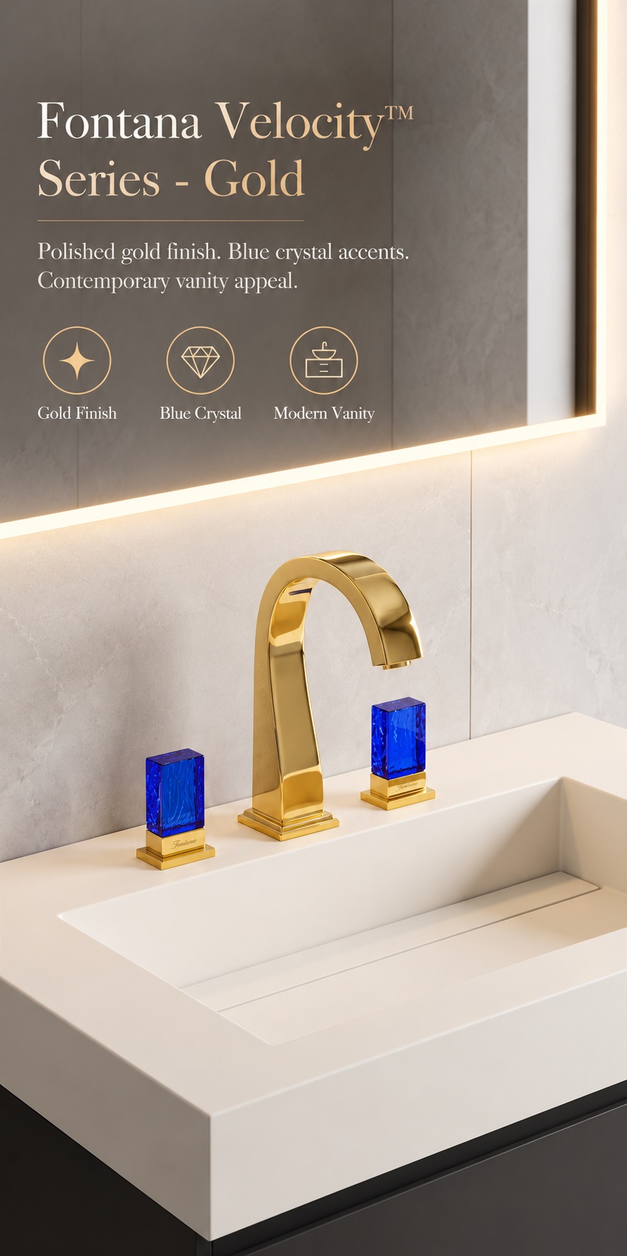 Fontana Velocity Series Gold Three Hole Bathroom Faucet with Blue Crystal Handles FS12026GL