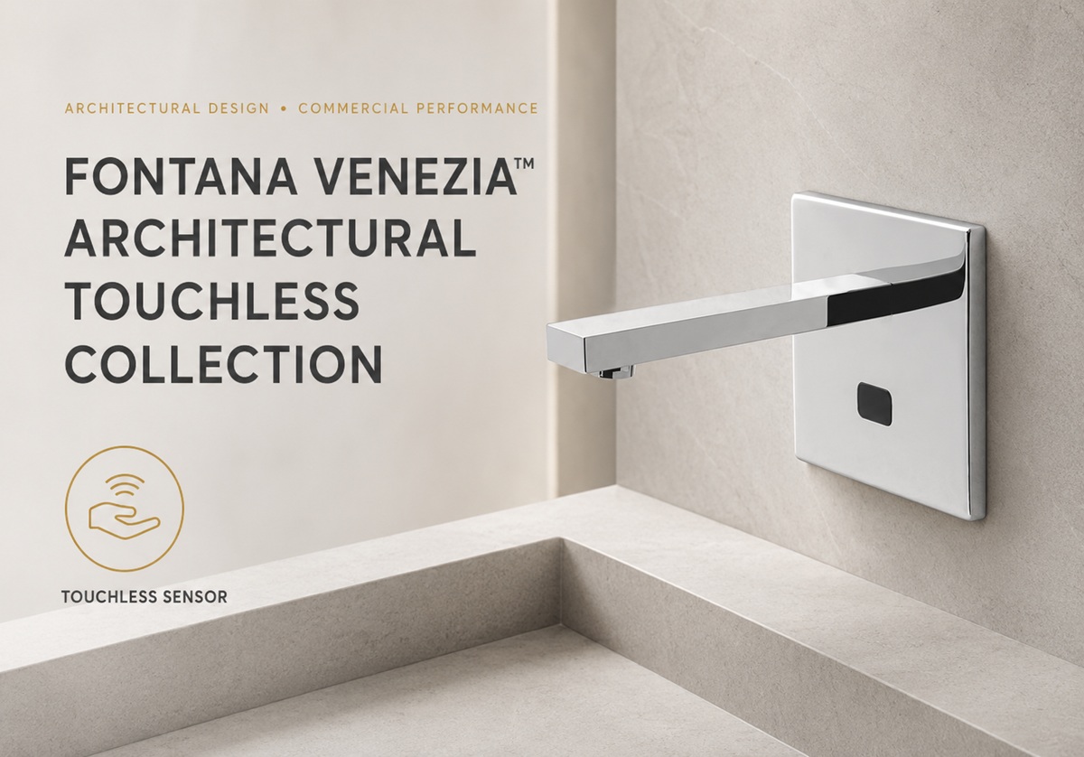 Fontana Venezia architectural touchless faucet and coordinated soap dispenser collection