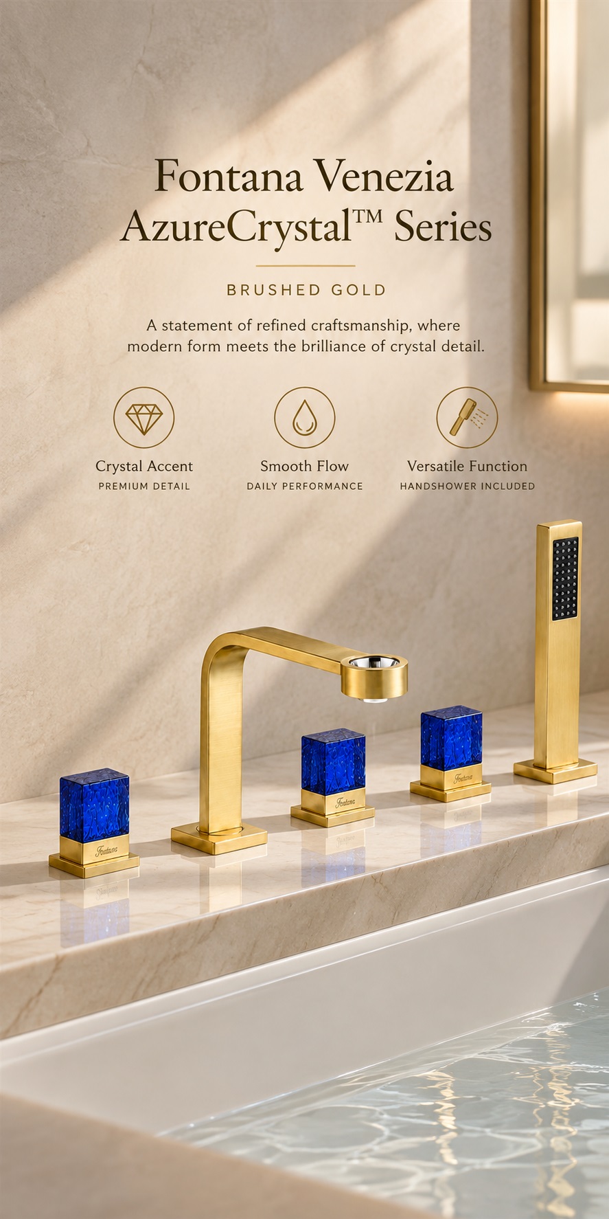Fontana Capri BlueCrystal Brushed Gold Five Hole Bathtub Faucet Set FS20241BG