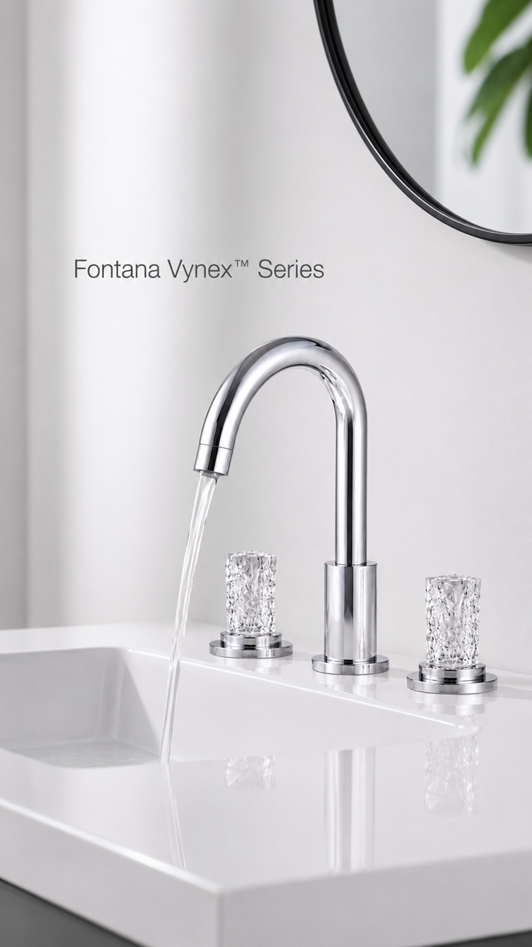 Fontana Vynex Series chrome faucet with crystal handles and water flow