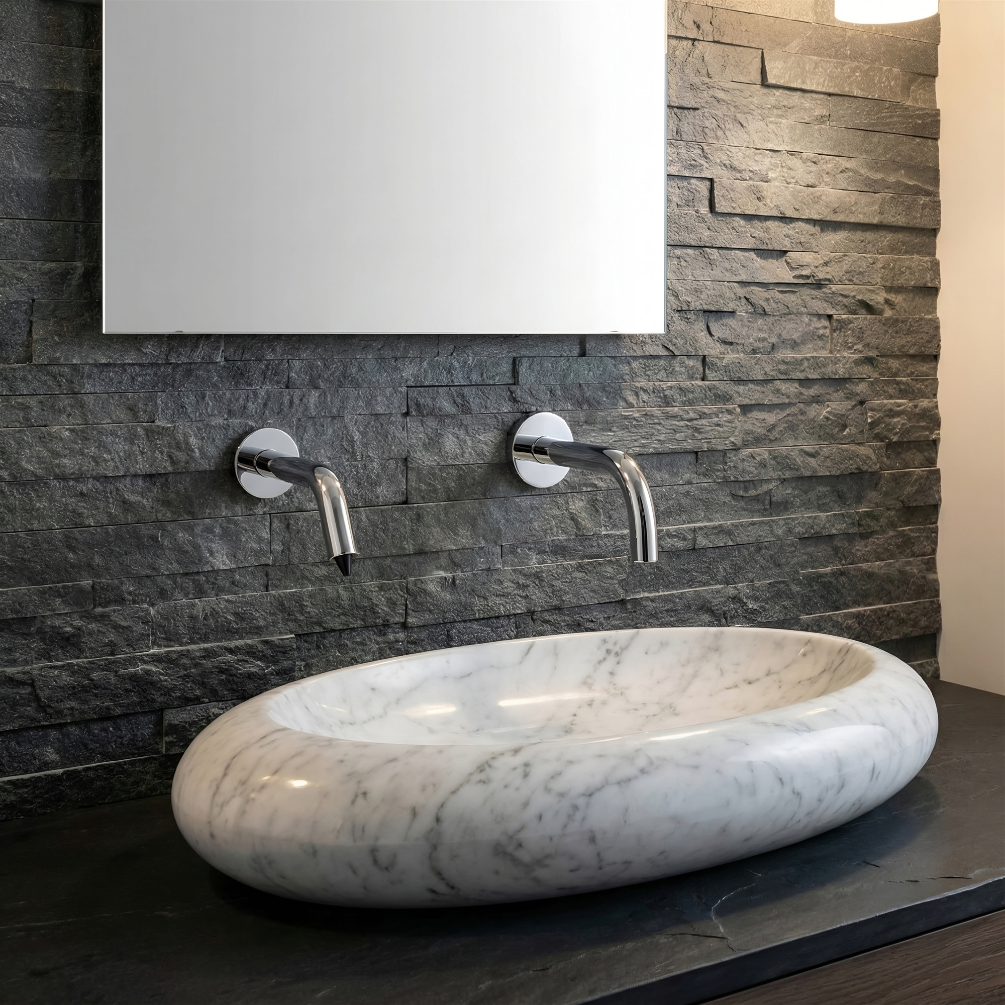 Fontana countertop faucet and soap dispenser wall section and cross section drawing showing fixture bodies, countertop, waterproof seals, threaded shanks, washers, lock nuts, supply lines and soap reservoir