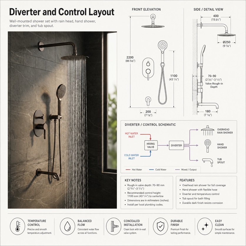 Diverter and Control Layout for Large Rain Shower Head Systems