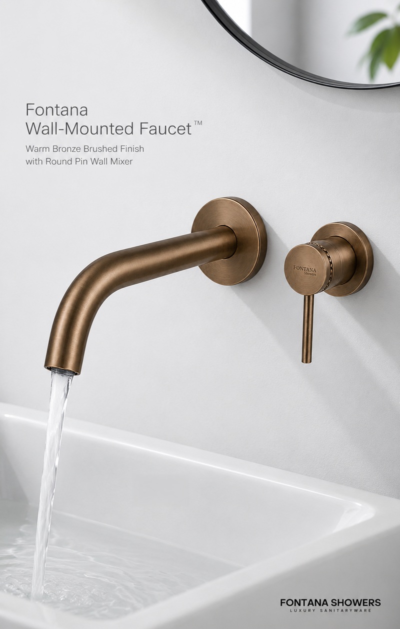 Fontana warm bronze wall-mounted faucet with round pin wall mixer in a luxury bathroom
