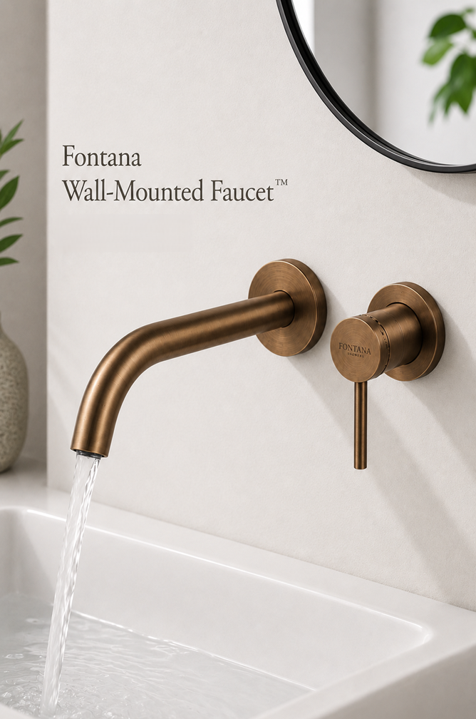 Fontana warm bronze wall-mounted faucet with round pin wall mixer in a luxury bathroom
