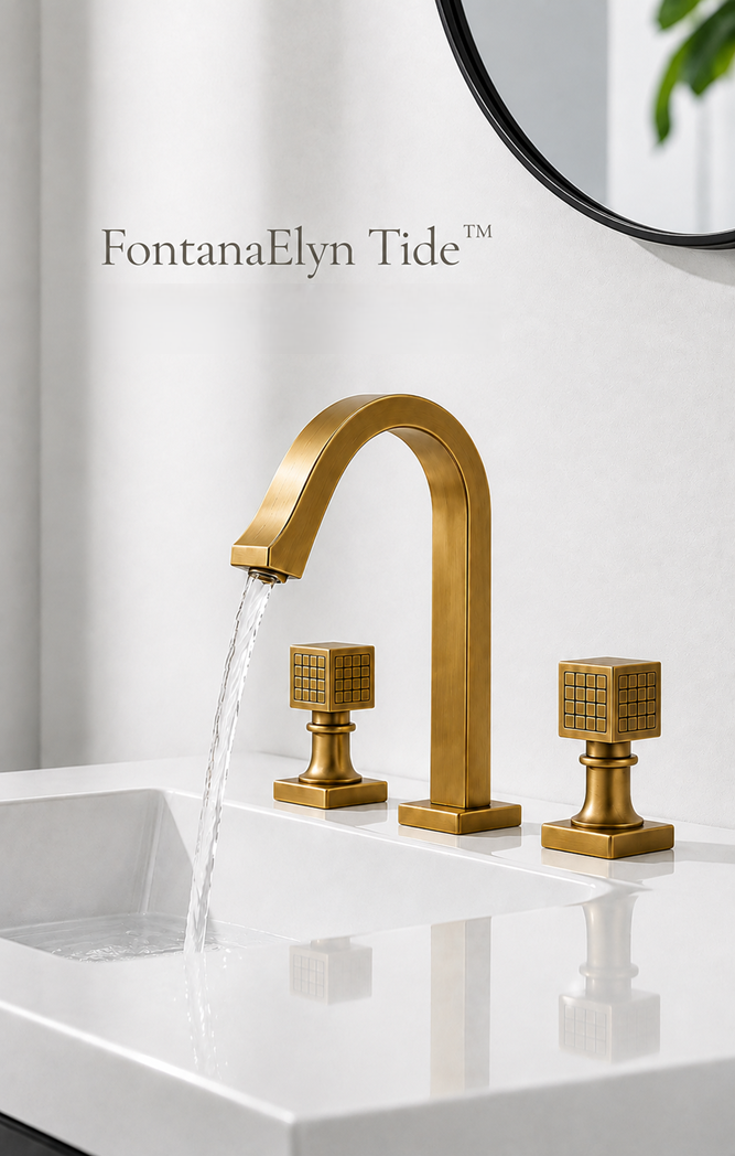 Fontana Elyn Tide brushed gold widespread faucet in a luxury bathroom