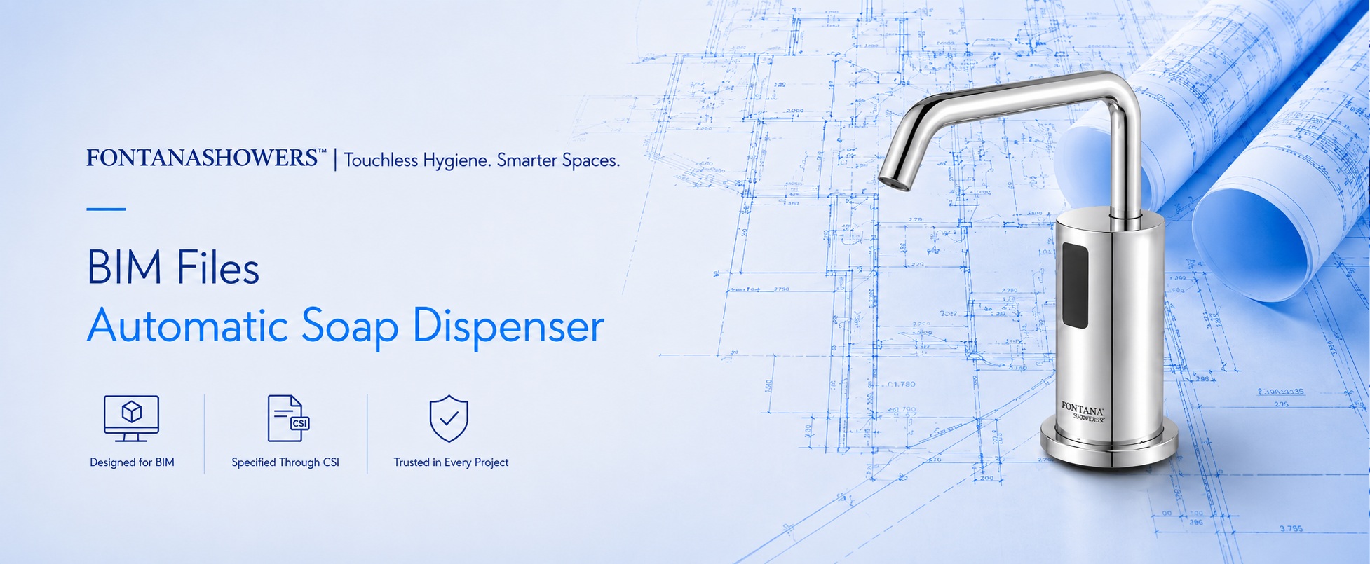 FontanaShowers automatic touchless soap dispenser with BIM files, CSI specification support, and technical resources for commercial AEC projects