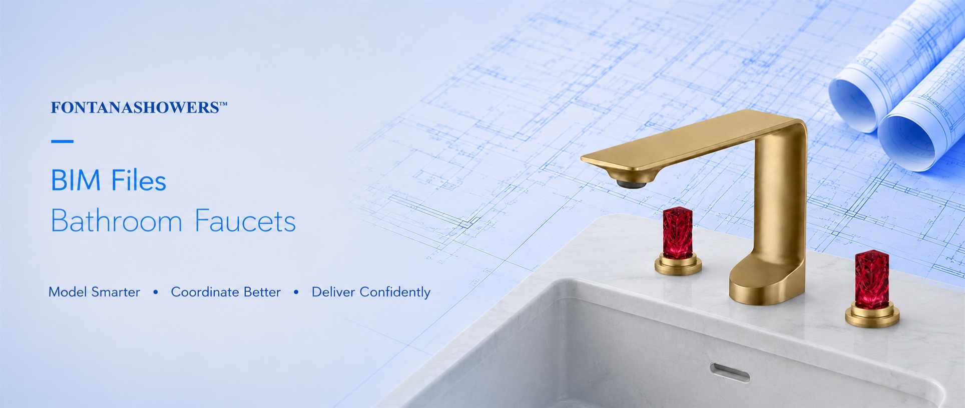 FontanaShowers brushed gold bathroom faucet with red crystal handles and BIM files for accurate architectural design, coordination, and AEC specification