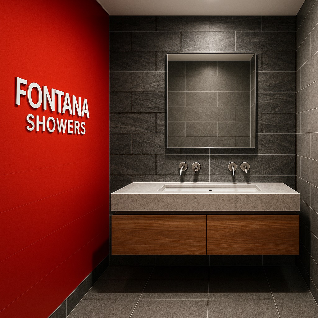 Wall-mounted sink with coordinated faucet and lighting in branded restroom