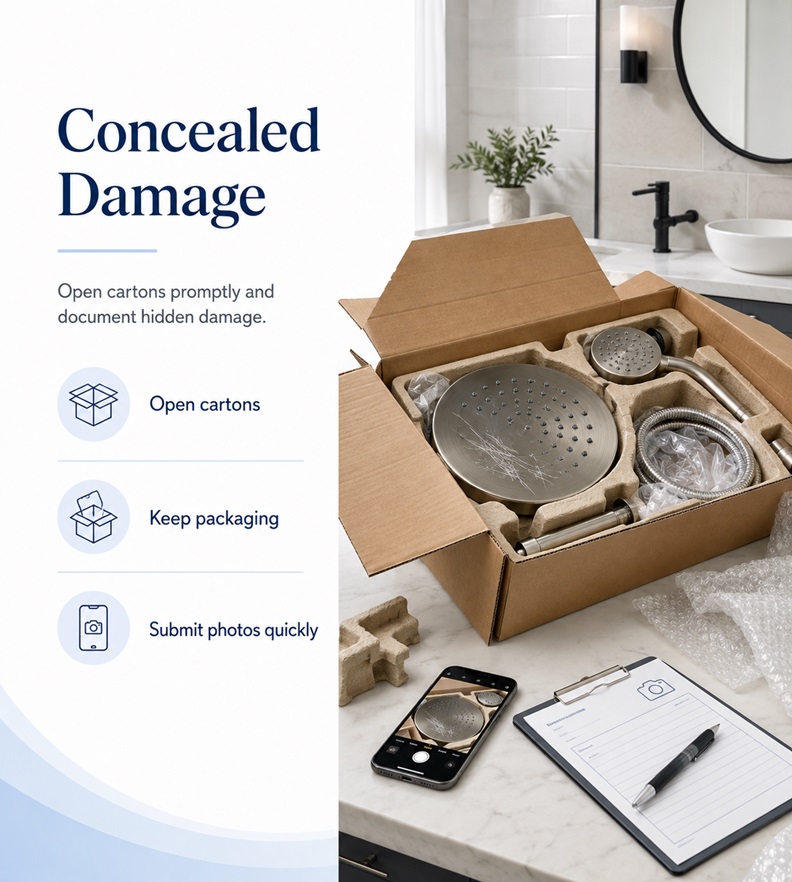 Bathroom fixture being inspected for concealed damage after opening protective packaging