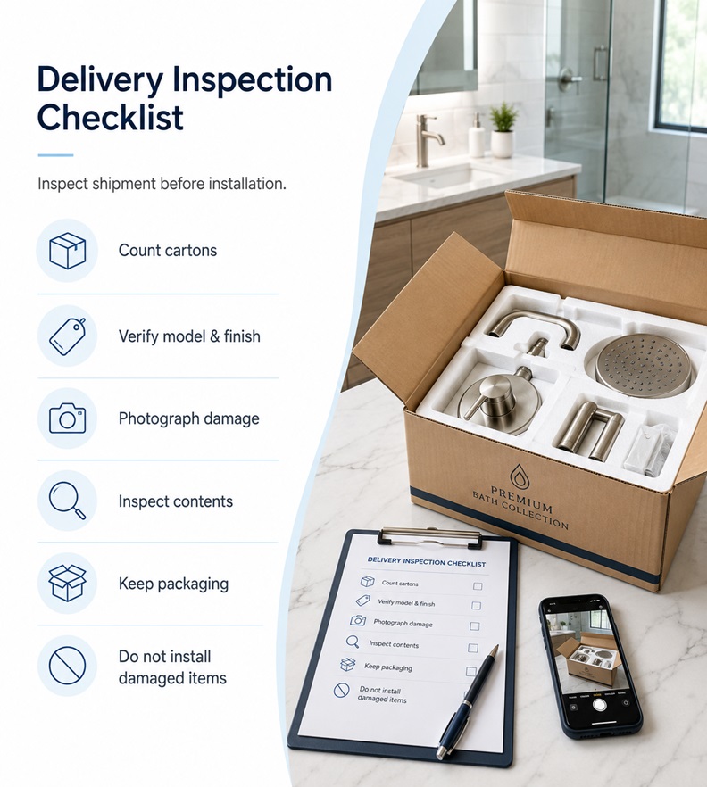 Customer inspecting a FontanaShowers shipping carton and product labels before installation