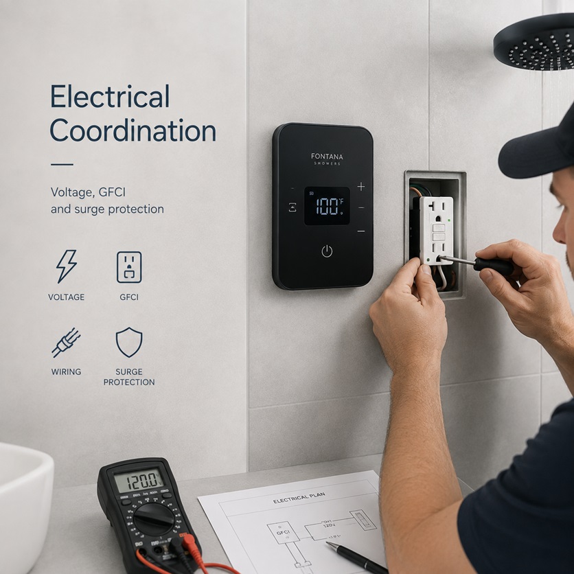 Electrical voltage and GFCI requirements coordinated for a digital shower control