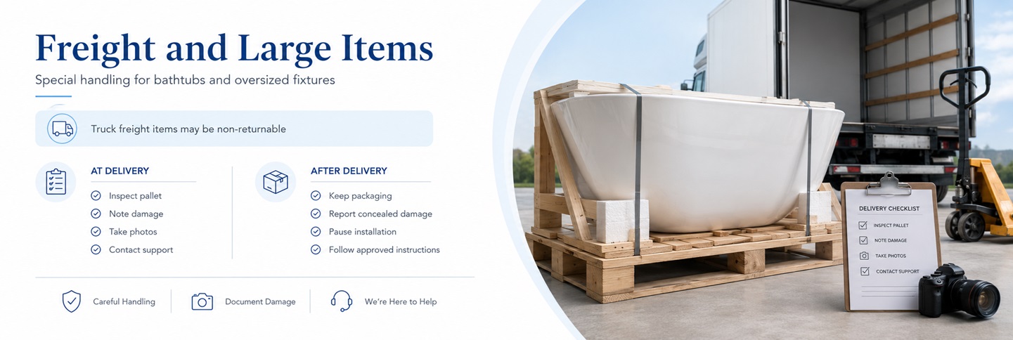 Freight-delivered bathtub being inspected before signing the delivery receipt