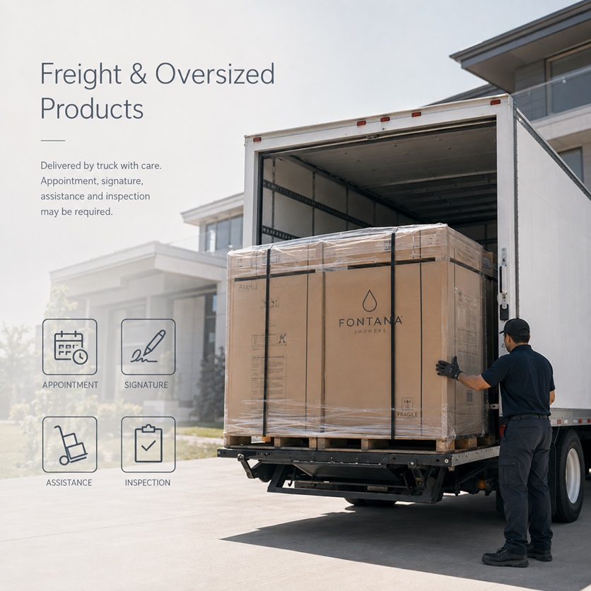 Large FontanaShowers fixture arriving by freight for curbside delivery and inspection
