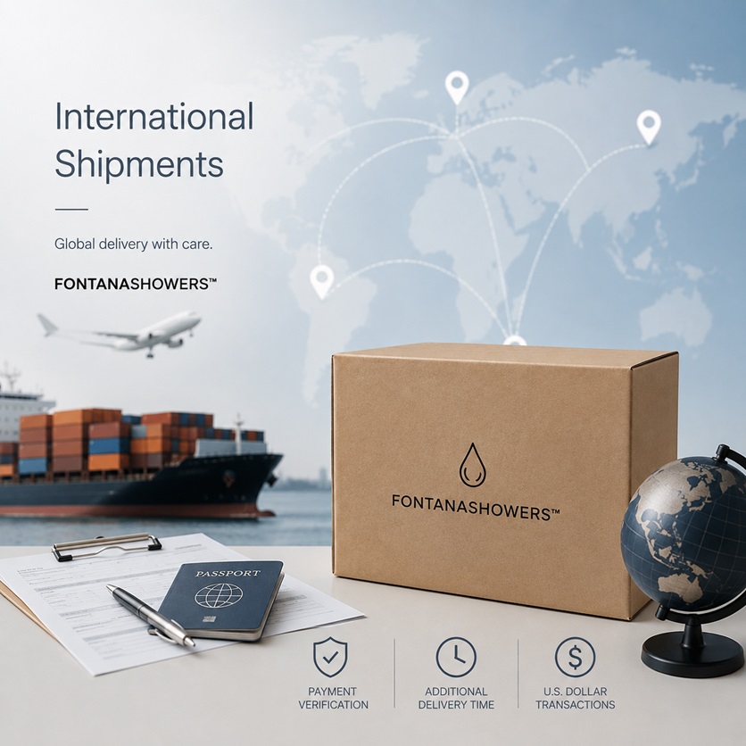 International FontanaShowers shipment with customs documents and secure bathroom fixture packaging