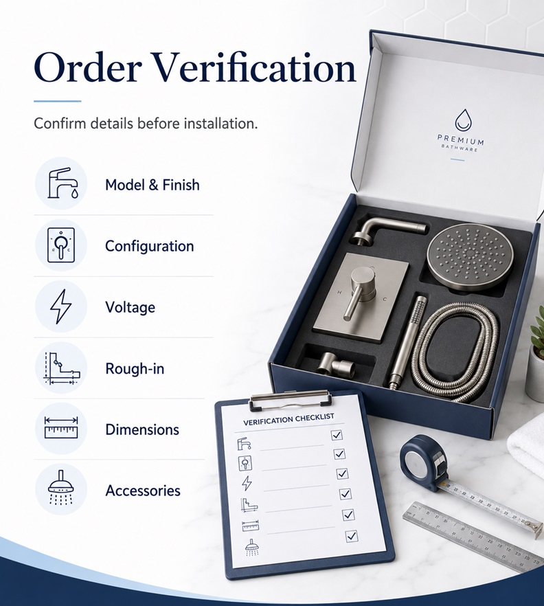 Order documents compared with a FontanaShowers fixture model and finish before installation