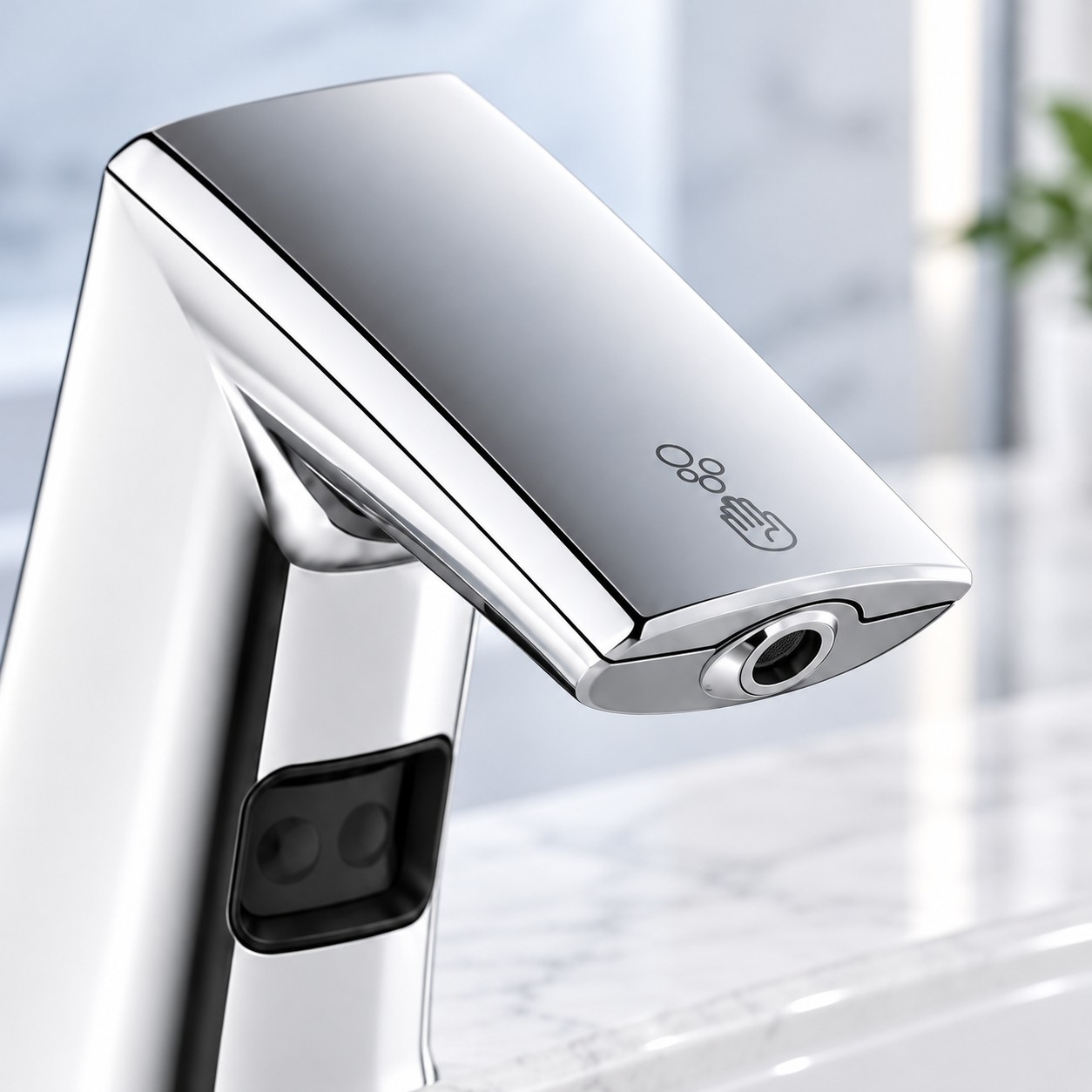 Automatic soap dispenser with polished chrome nozzle and infrared sensing