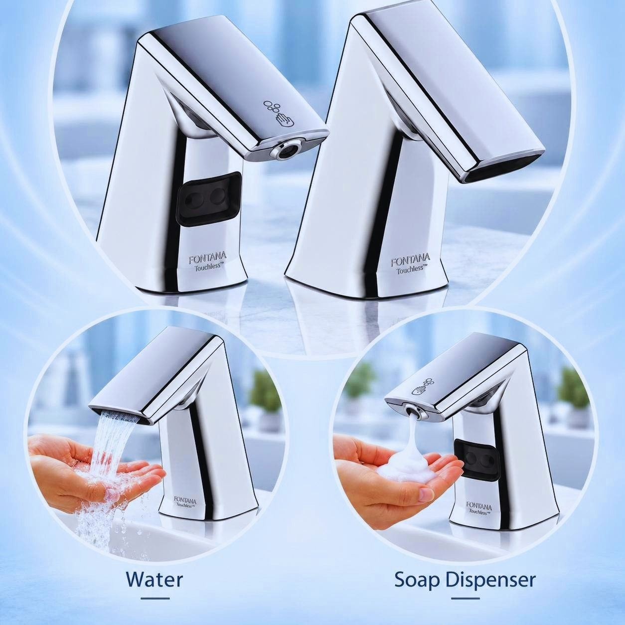 Automatic foam soap dispenser and matching stainless finish hands-free water faucet