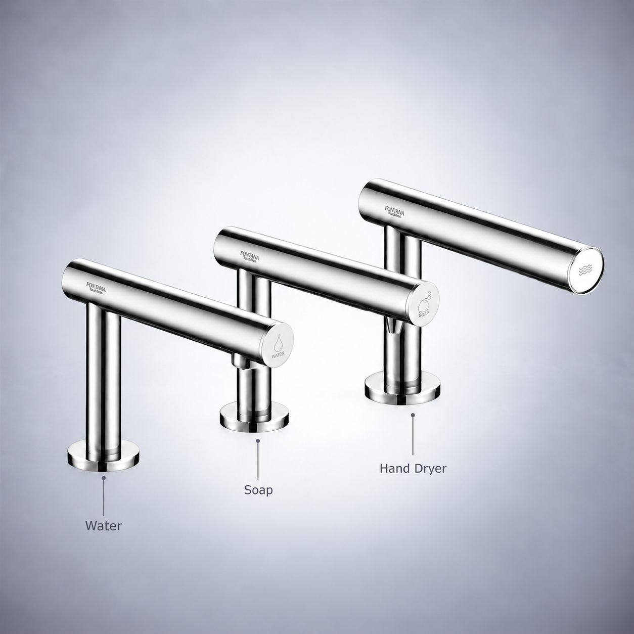 FontanaShowers polished chrome touchless water faucet, soap dispenser and hand dryer for commercial restrooms