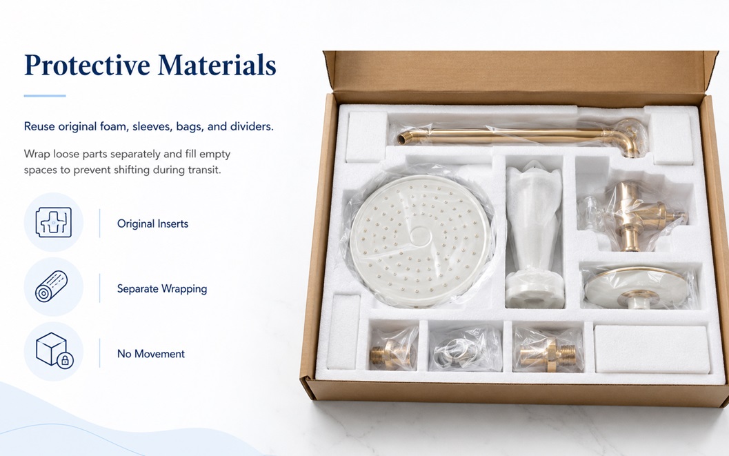 Bathroom fixture components individually wrapped for secure return shipping