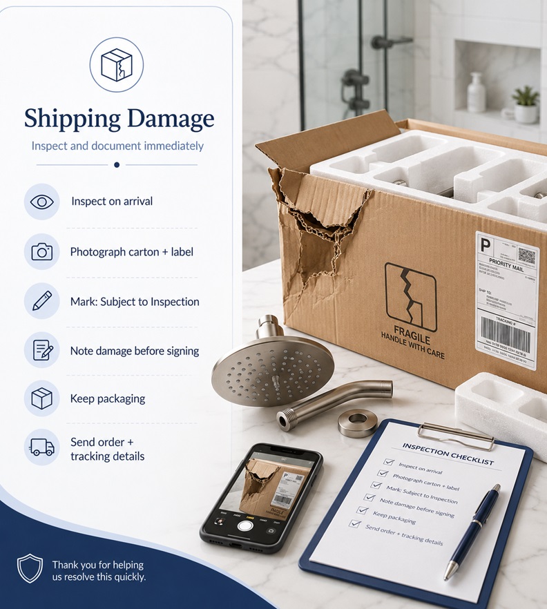 Customer documenting visible shipping damage on a FontanaShowers delivery carton and bill of lading