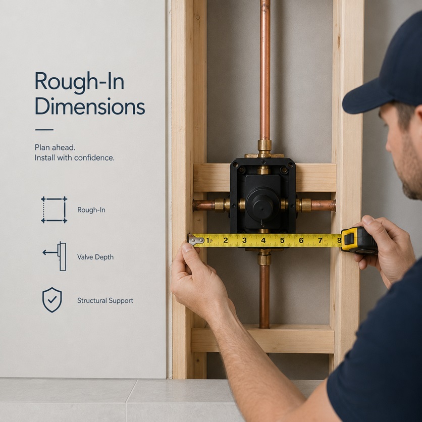 Wall cavity rough-in dimensions and valve depth measured before shower installation