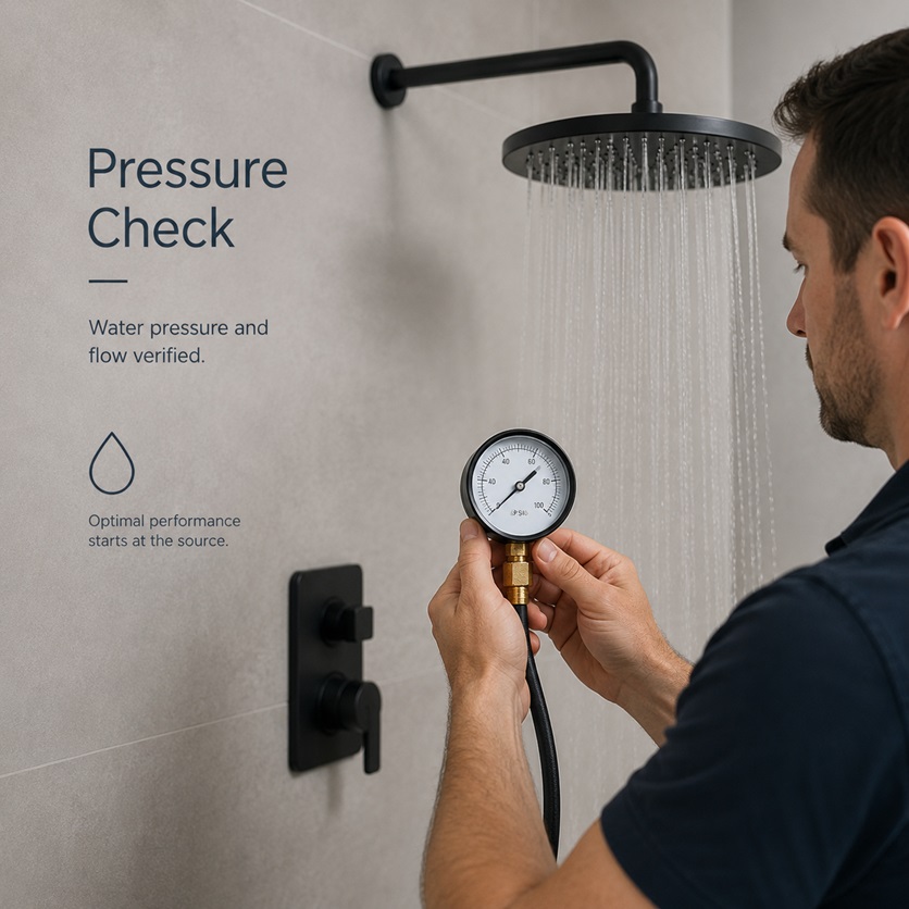 Water pressure and flow capacity being checked for a multi-function shower system