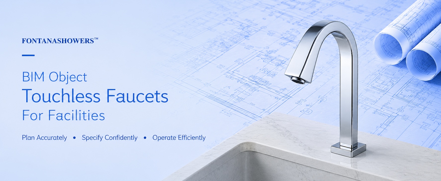 FontanaShowers chrome touchless faucet BIM object for accurate planning, specification, and coordination in commercial facility restrooms