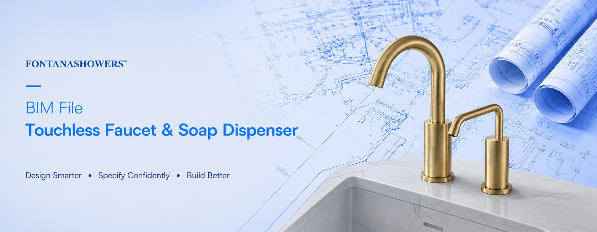 FontanaShowers brushed gold touchless faucet and soap dispenser with BIM resources for coordinated commercial restroom design and AEC specification