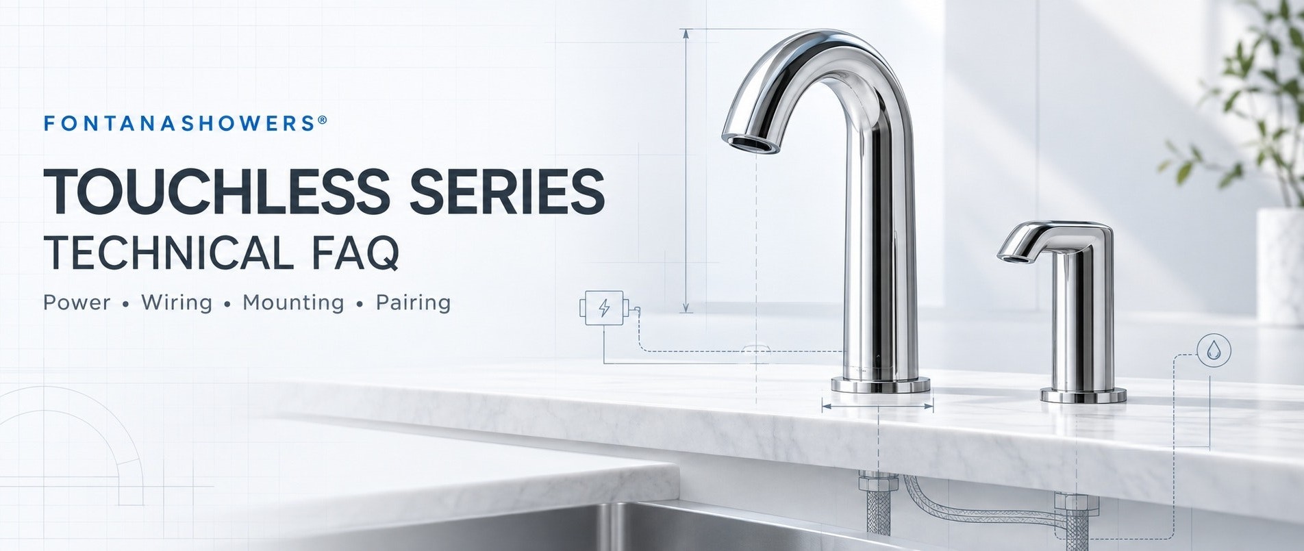 FontanaShowers touchless faucet and soap dispenser technical FAQ for power, wiring, mounting and pairing