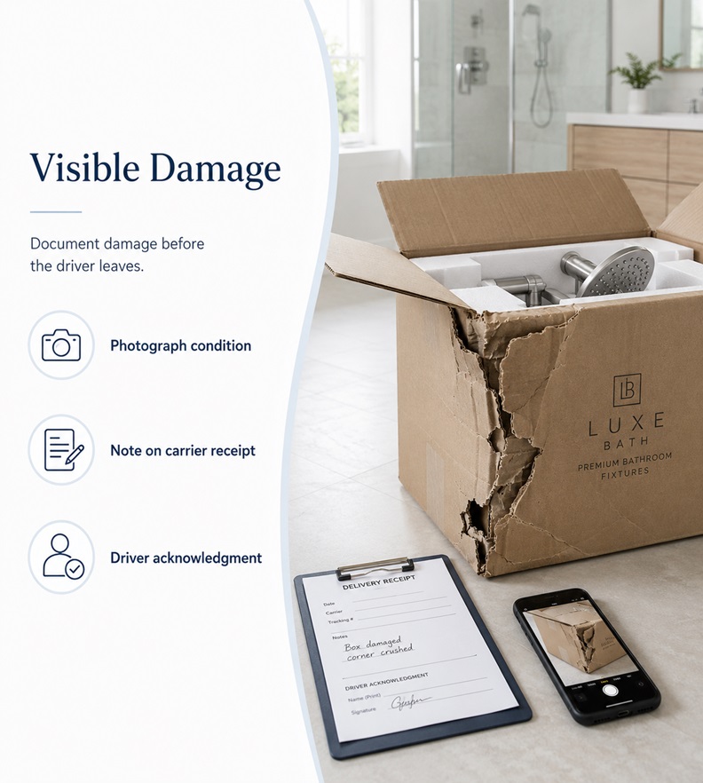 Visible shipping damage documented on a bathroom fixture carton before acceptance