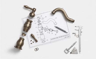 Exploded faucet components arranged over a technical drawing