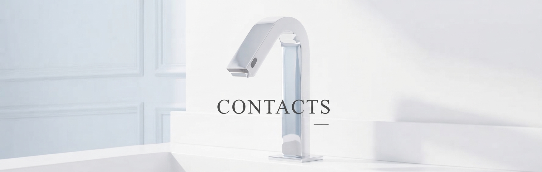 Chrome Fontana faucet in a bright bathroom with the title Contacts