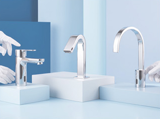 Fontana faucet collection displayed on white plinths