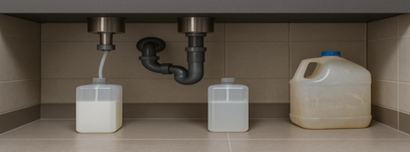 Under-counter view of sealed soap cartridges connected to touchless dispensers in a commercial restroom