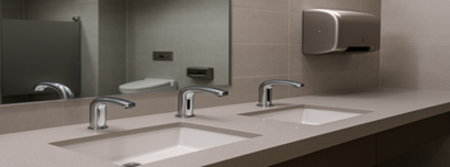 Fully touchless restroom suite with coordinated sensor faucets, soap dispensers, and hand dryers