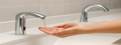 Automatic soap dispenser delivering liquid soap into a user’s hands under a sensor faucet