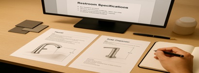 Architect desk with faucet and soap dispenser cut sheets open while writing restroom specifications