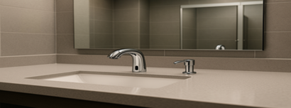 Commercial sensor faucet with matching automatic soap dispenser at a modern lavatory