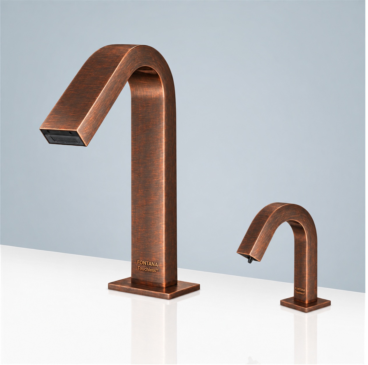 Gooseneck touchless faucet and automatic soap dispenser set in antique brass bronze