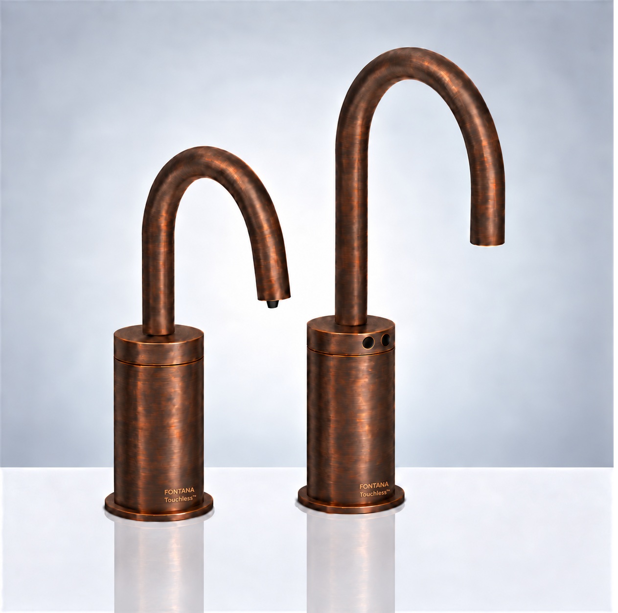 Antique brass gooseneck faucet and touchless soap dispenser bathroom set