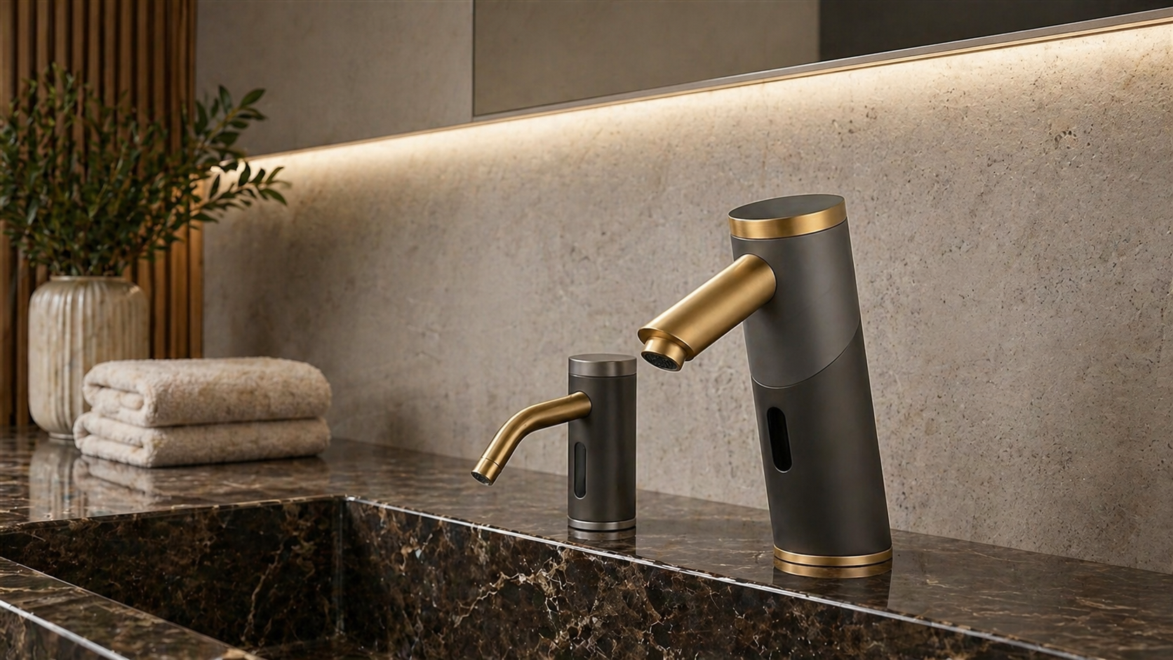 Commercial touchless faucet for premium hospitality restrooms