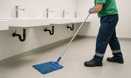 Open floor area beneath wall-mounted sinks for easy cleaning