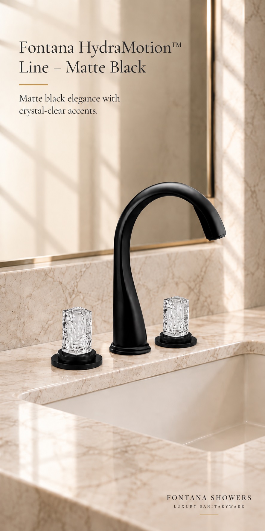 Fontana HydraMotion Matte Black 3 Hole Bathroom Basin Faucet with Crystal Handles