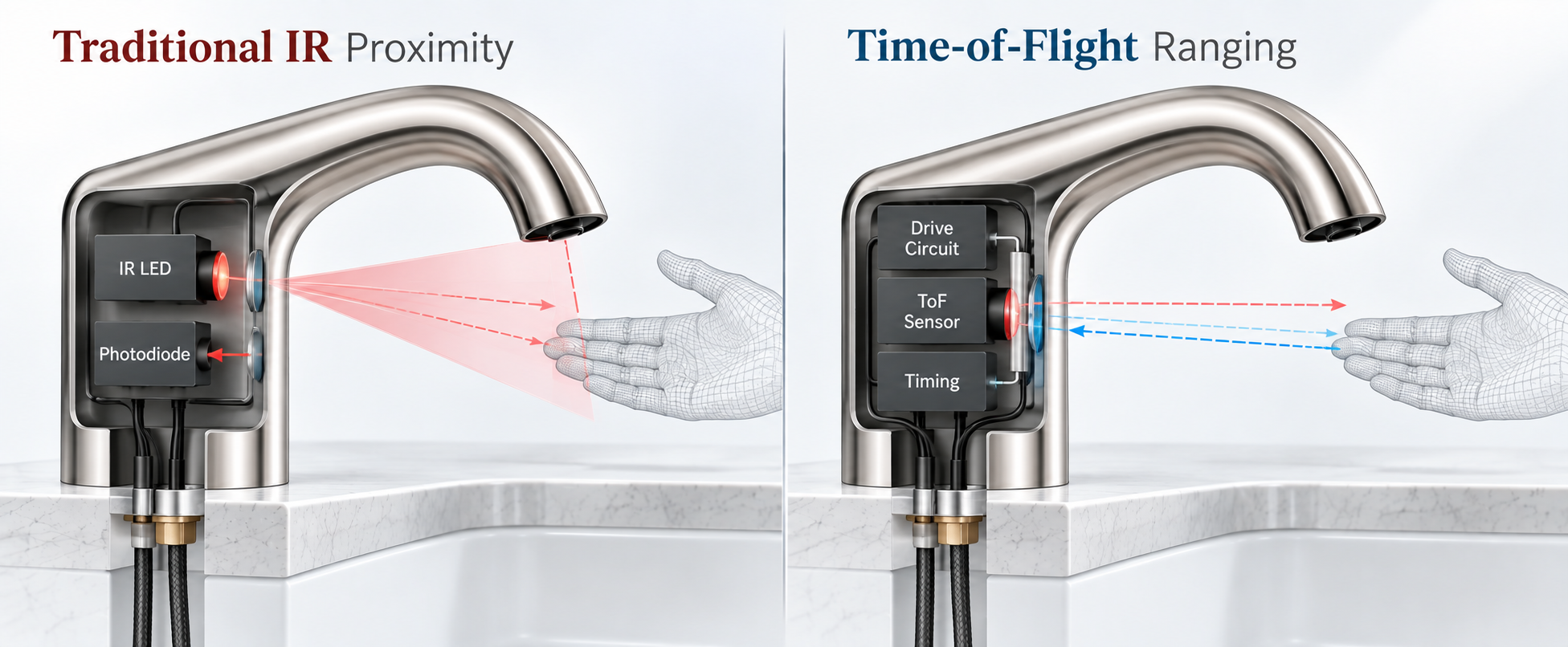 IR proximity versus ToF touchless faucet sensor internal technology comparison