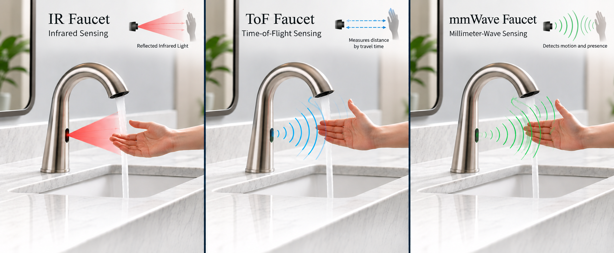 IR vs ToF vs mmWave touchless faucet sensor engineering comparison